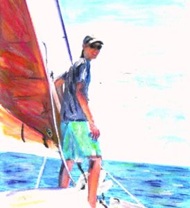 Person sailing on ocean with vibrant sky and colorful sail.