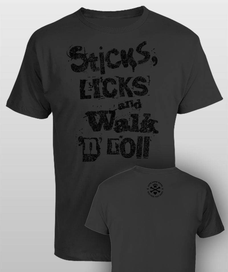 Sticks, Licks and Walk 'n' Roll - men black on gray t-shirt