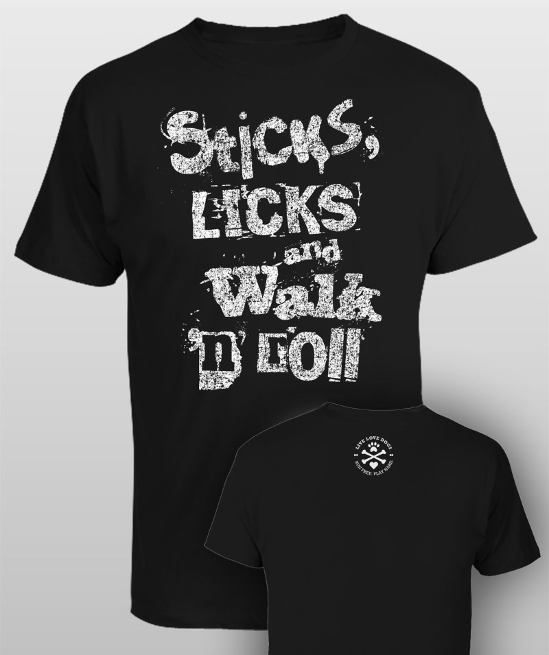 Sticks, Licks and Walk 'n' Roll - white on black unisex