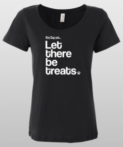 Black women's t-shirt with "Let there be treats" in white text, paw print design.
