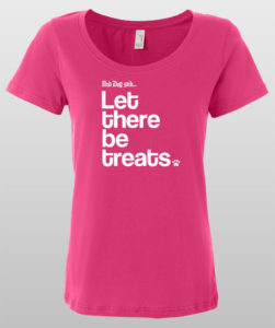 Pink t-shirt with "Let there be treats" text in white letters.