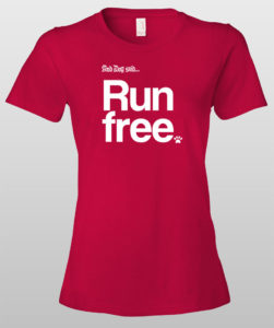 Red T-shirt with "And Dog said... Run free" and paw print design.