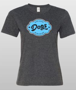 Charcoal gray t-shirt with "Live Love Dogs" blue graphic.