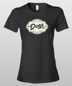 Black T-shirt with "Live Love Dogs" design, paw print accents.