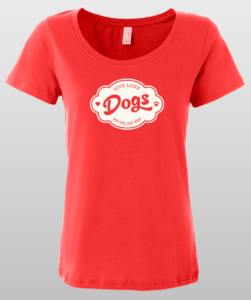 Red women's T-shirt with "Live Love Dogs" graphic design.