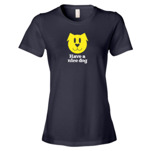 Navy blue T-shirt with yellow dog face graphic and "Have a nice dog" text.