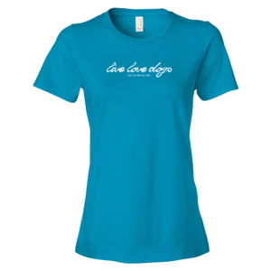 Teal t-shirt with "Live Love Dogs" slogan in white script.