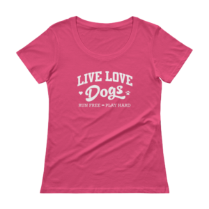 Pink T-shirt with "Live Love Dogs" slogan.