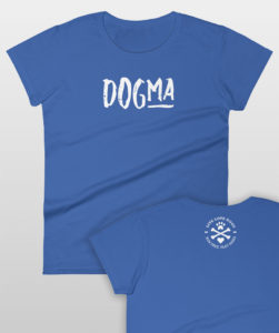 Blue T-shirt with "DOGMA" text and dog-themed logo on back. Casual style.