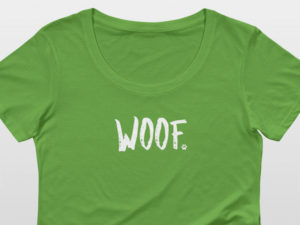 Green T-shirt with "WOOF" text design.