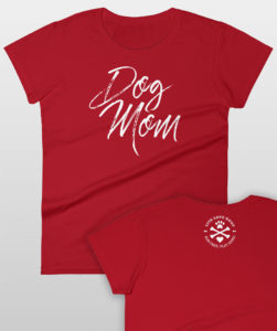 Red "Dog Mom" T-shirt with stylish script and playful dog-themed back design.