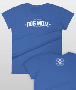 Blue "Dog Mom" T-shirt with paw print design, playful dog-themed text.