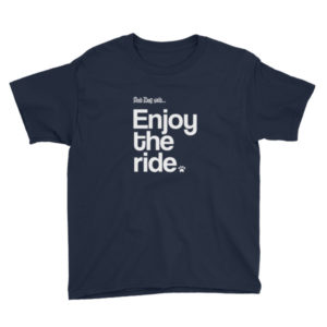 Navy blue t-shirt with white text "And Dog said... Enjoy the ride" and paw print.