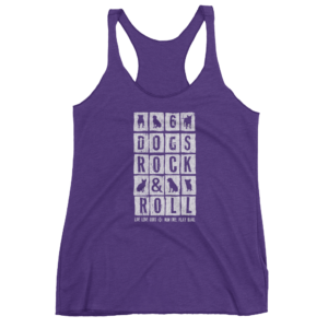 Purple tank top featuring "Dogs Rock & Roll" design with dog silhouettes.