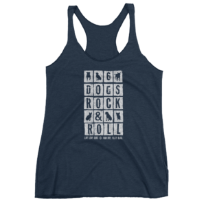 Navy tank top with "Dogs Rock & Roll" and dog silhouette graphics.