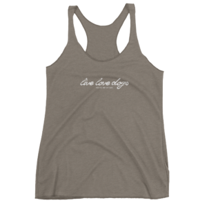 Gray tank top with "Live Love Dogs" text, racerback style.