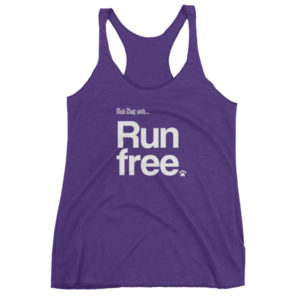 Purple tank top with "Run free" slogan, featuring a paw print.