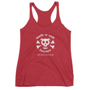 Red tank top featuring "walk 'n' roll forever" with a playful skull design.
