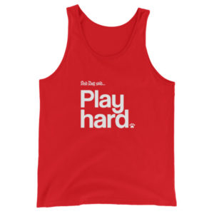 Red tank top with "Play hard." text and paw print design.