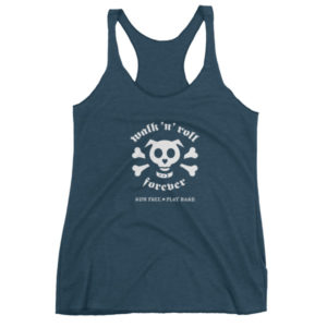 Dark blue tank top with "Walk 'n' Roll Forever" skull dog design.