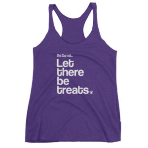Purple tank top with "Let there be treats" and paw print.