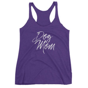 Purple tank top with "Dog Mom" printed in white script font.