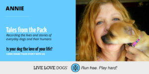 Woman with a puppy, sharing love and stories in "Tales from the Pack.