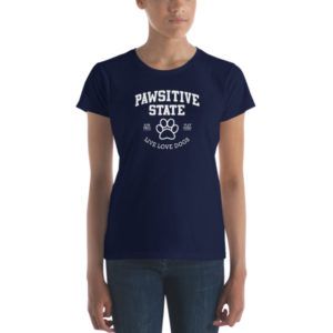 Navy blue t-shirt featuring "Pawsitive State" slogan with paw print design.