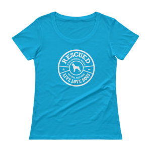 Blue t-shirt with "Rescued is My Favorite Breed" dog-themed design.
