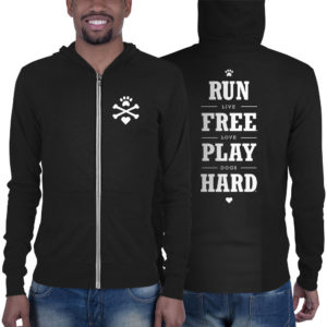 Black hoodie featuring "Run Free Play Hard" dog-themed slogan.
